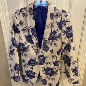 Topman white suit jacket with blue flowers and gray accents 36R